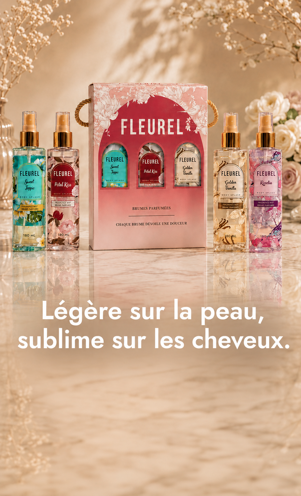 Brumes parfumées Fleurel sur fond floral